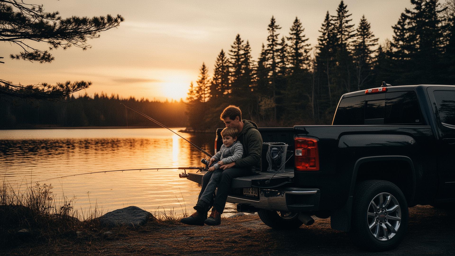 Father and child outdoors with truck